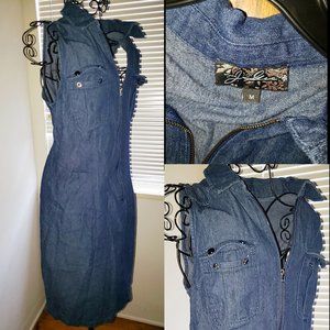 SOLD Anthropology Knee Length Zipper Up Denim Jumper Dress, Pockets M